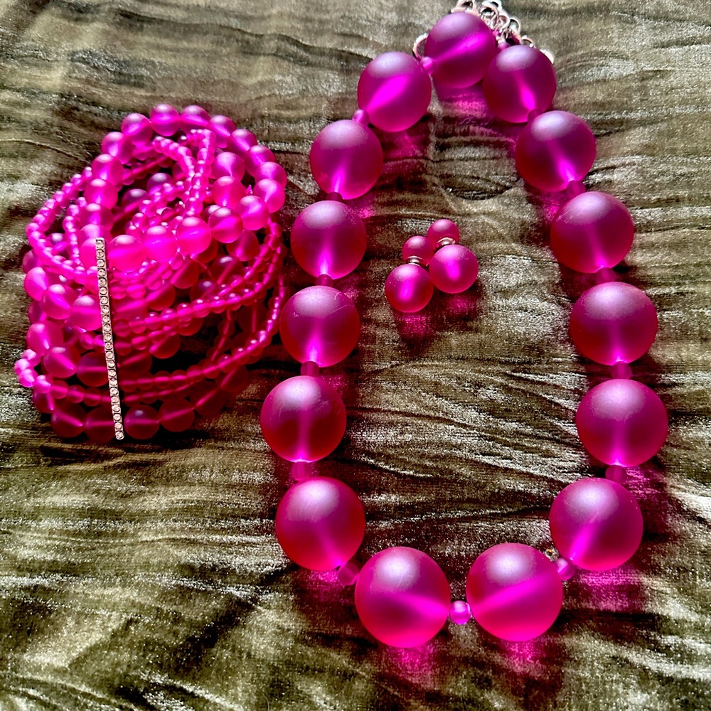 Sassy Jones Pink frosted Dina necklace, bracelet, and earrings